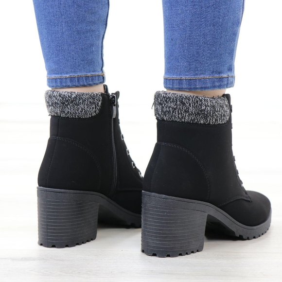 Nubuck Lug Chunky Heel Warm Lining Black Ankle Booties - Picture 6 of 12
